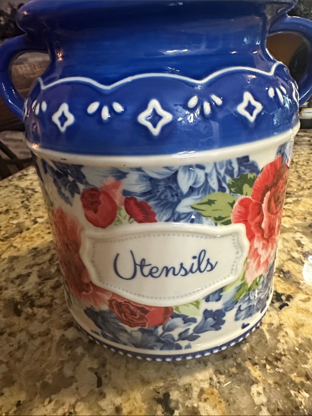 The Pioneer Woman Blue Floral Ceramic Utensils Crock with Red Rose Accents
